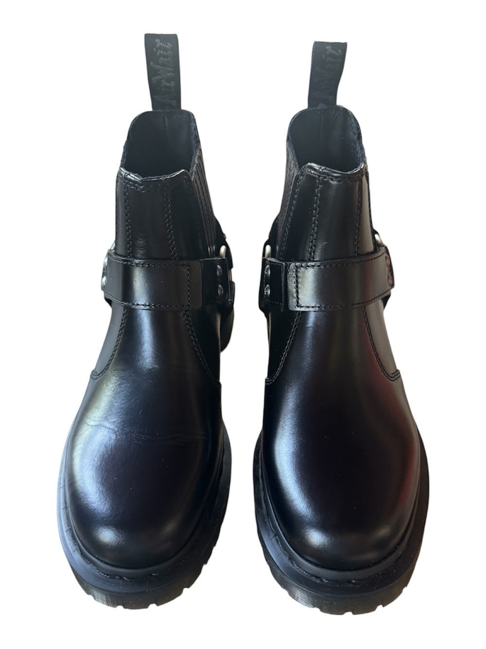 Dr Martens Black Leather Harness Chelsea Boots w/ black stitch  US Women7/ Men 6